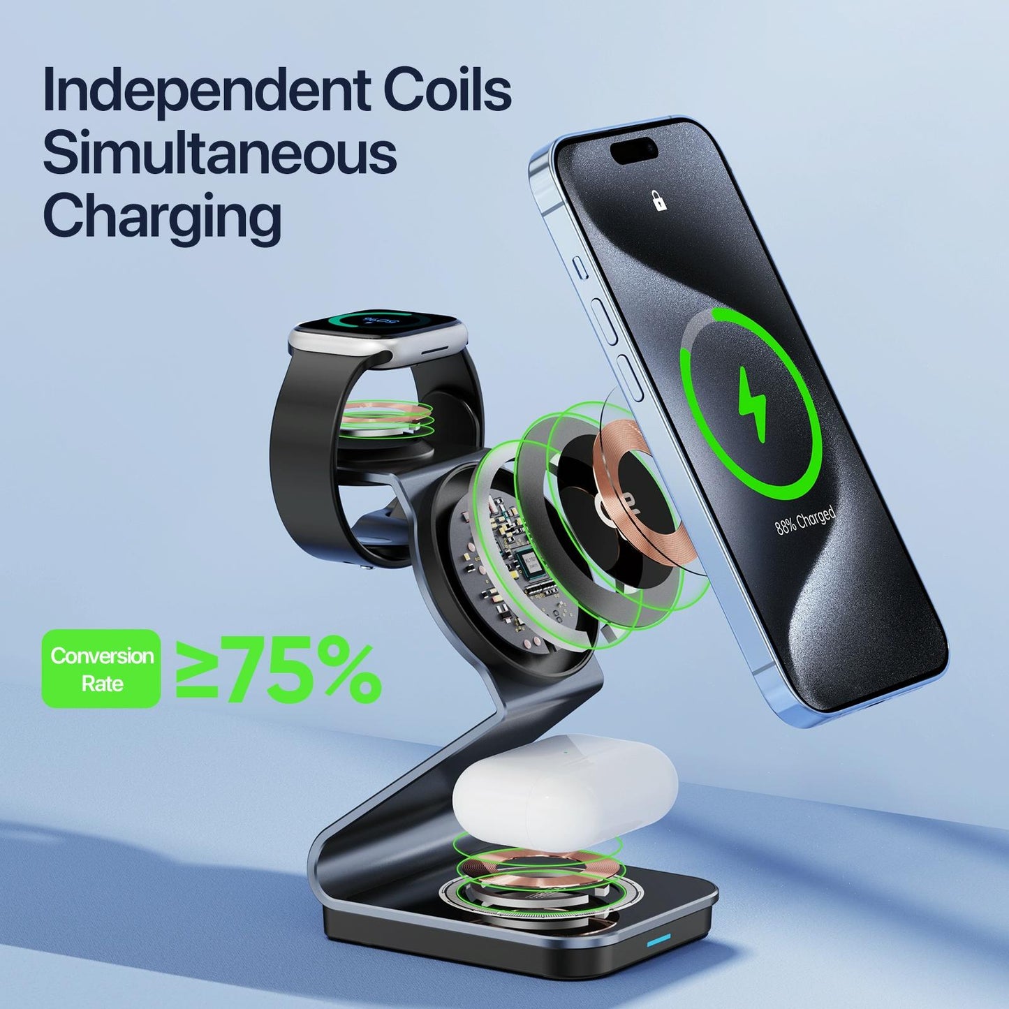 15W 3-in-1 Magnetic Wireless Charger Stand – Black | Fast Qi Charging Dock for Phone, Watch & Earbuds