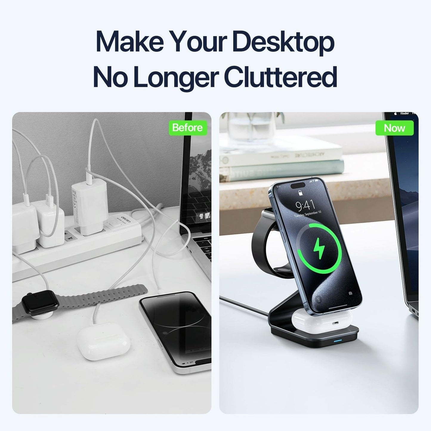 15W 3-in-1 Magnetic Wireless Charger Stand – Black | Fast Qi Charging Dock for Phone, Watch & Earbuds