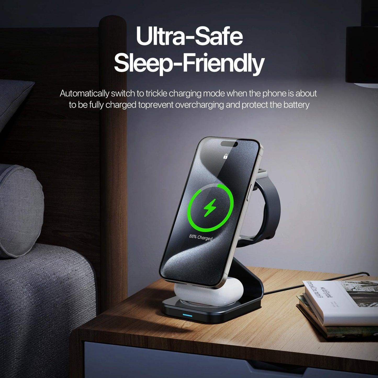 15W 3-in-1 Magnetic Wireless Charger Stand – Black | Fast Qi Charging Dock for Phone, Watch & Earbuds