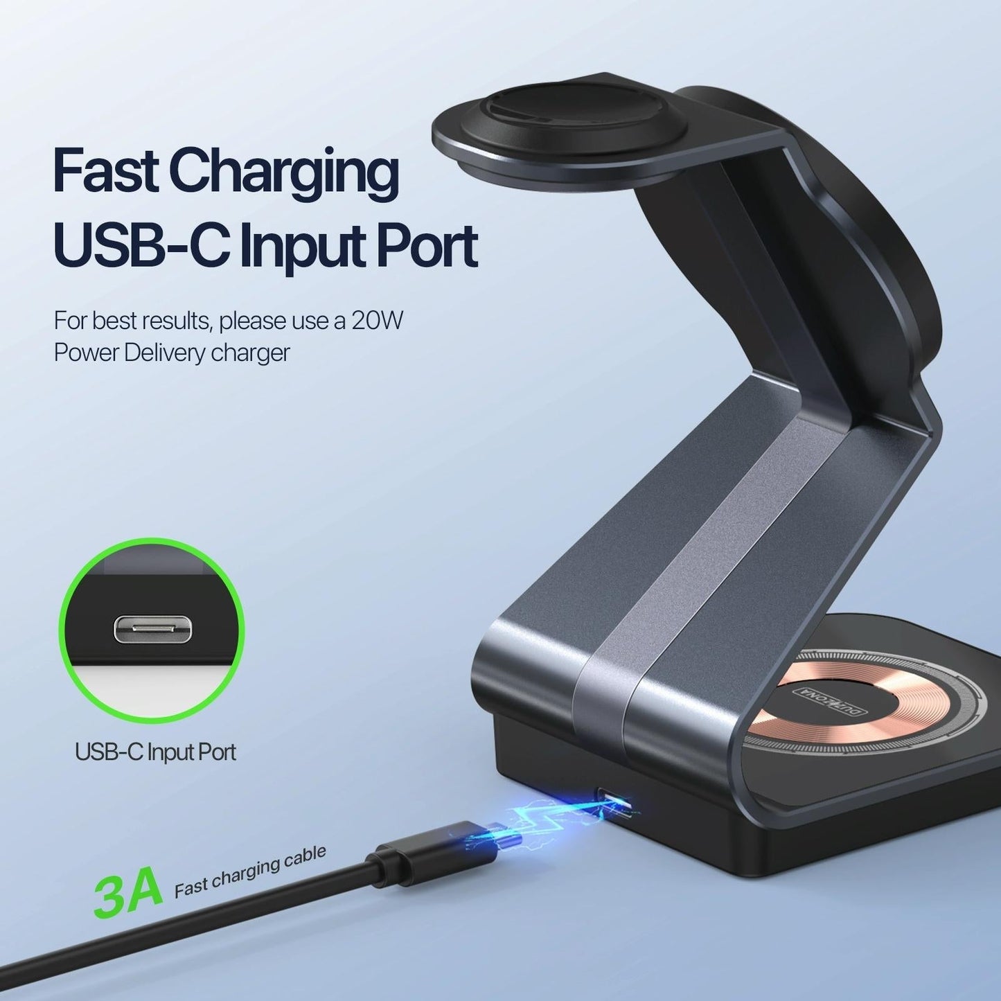 15W 3-in-1 Magnetic Wireless Charger Stand – Black | Fast Qi Charging Dock for Phone, Watch & Earbuds