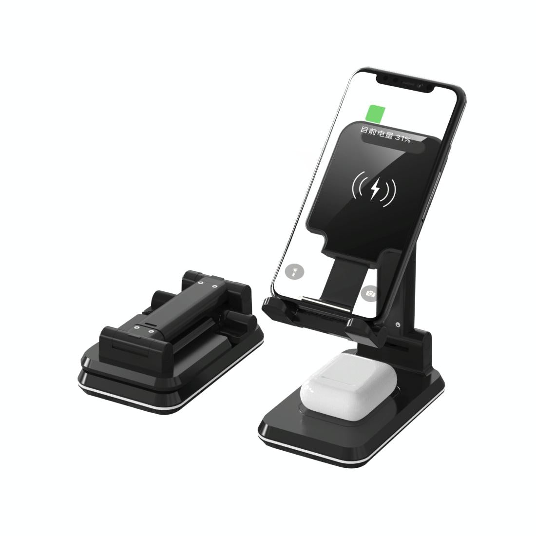 Portable 2-in-1 Wireless Charging Stand – Dual Device Fast Charger – Black