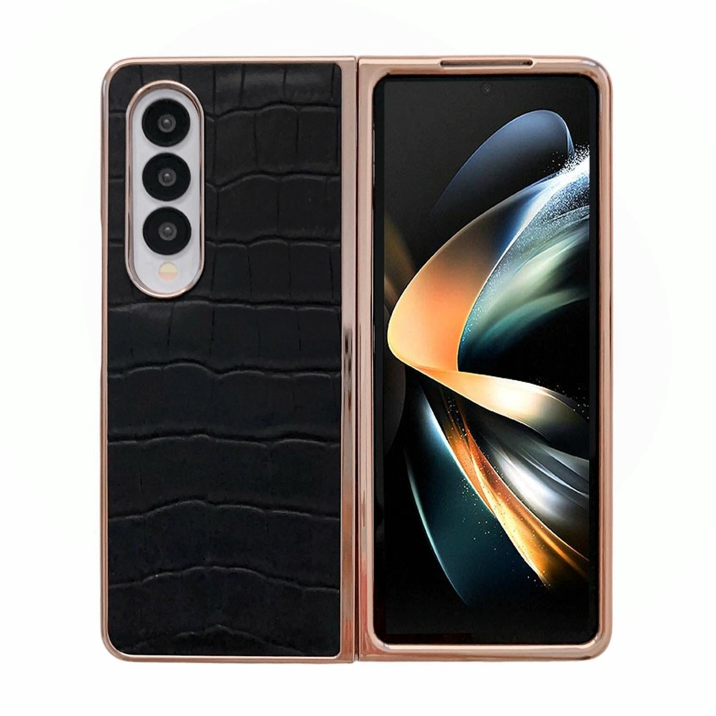 Samsung Galaxy Z Fold4 5G Crocodile Leather Phone Case – Electroplated Finish – Black