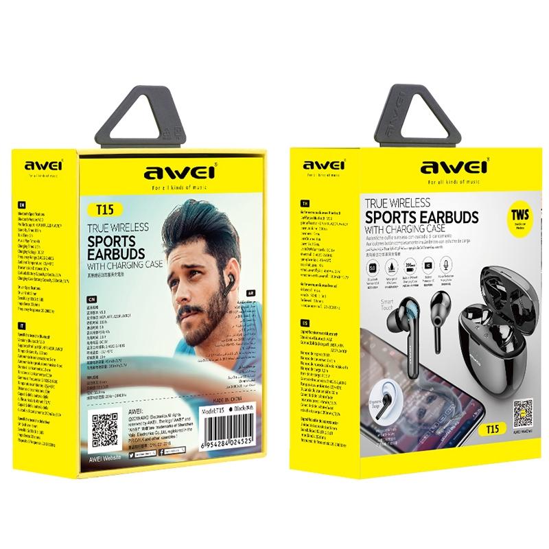 T15 TWS Wireless Sports Headset – Bluetooth 5.0, Charging Case, Sweatproof, Secure Fit, Clear Sound – Black