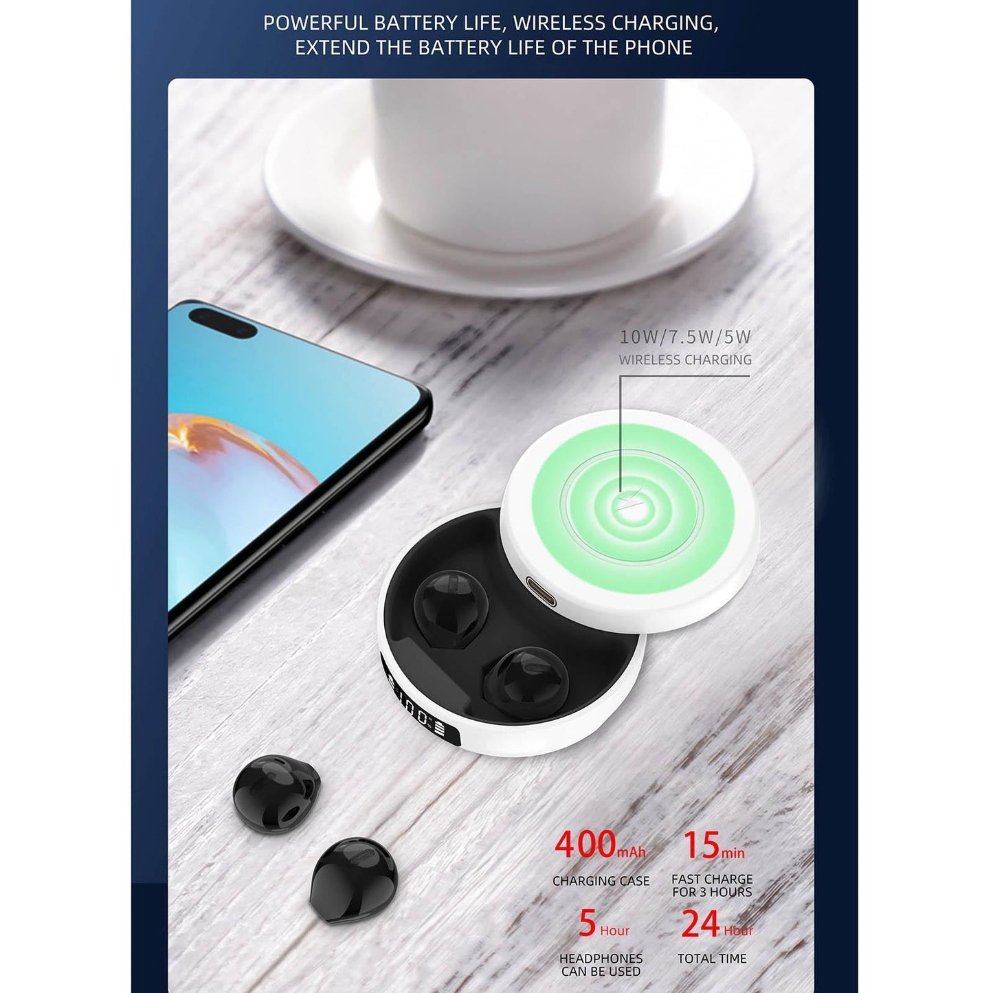Mini TWS Wireless Bluetooth Earphones with Noise Reduction & Digital Display – White, In-Ear Earbuds with Mic for Music & Calls