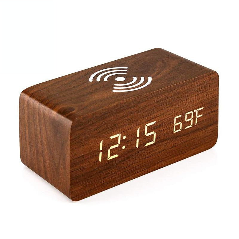 5W Wooden Wireless Charger with LED Mirror Display & Alarm Clock – Rosewood | Qi Charging Pad with Time & Temp Display