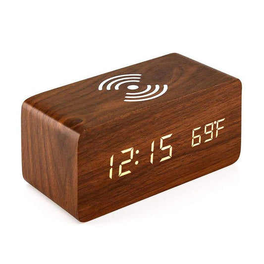 5W Wooden Wireless Charger with LED Mirror Display & Alarm Clock – Rosewood | Qi Charging Pad with Time & Temp Display