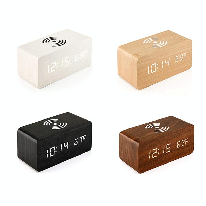 5W Wooden Wireless Charger with LED Mirror Display & Alarm Clock – Rosewood | Qi Charging Pad with Time & Temp Display