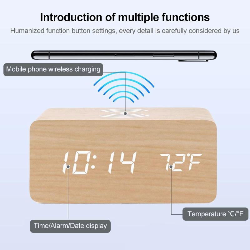 5W Wooden Wireless Charger with LED Mirror Display & Alarm Clock – Rosewood | Qi Charging Pad with Time & Temp Display