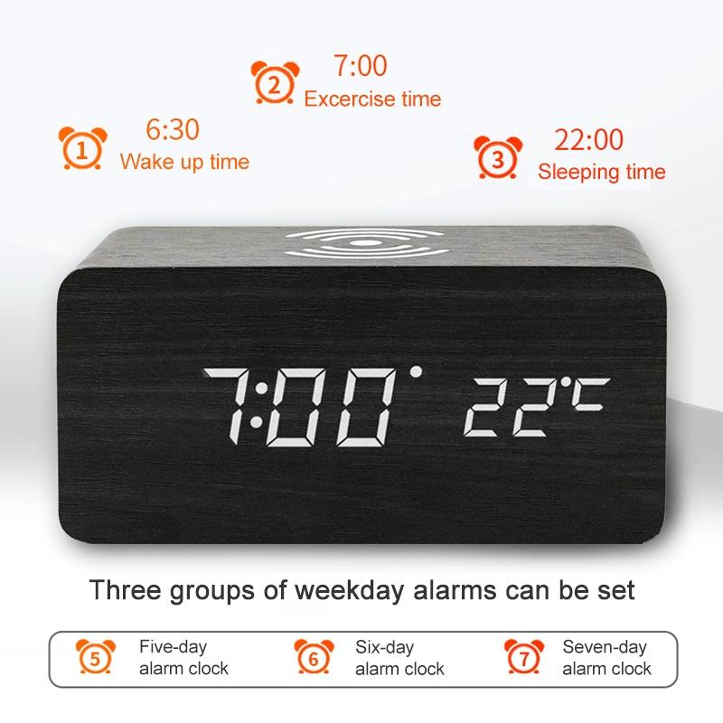 5W Wooden Wireless Charger with LED Mirror Display & Alarm Clock – Rosewood | Qi Charging Pad with Time & Temp Display