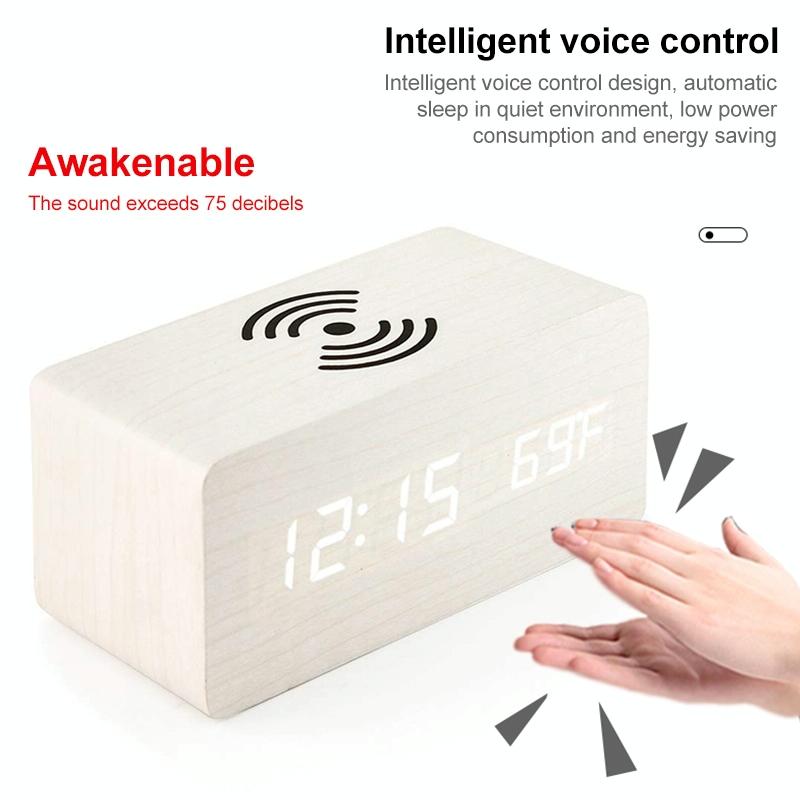 5W Wooden Wireless Charger with LED Mirror Display & Alarm Clock – Rosewood | Qi Charging Pad with Time & Temp Display
