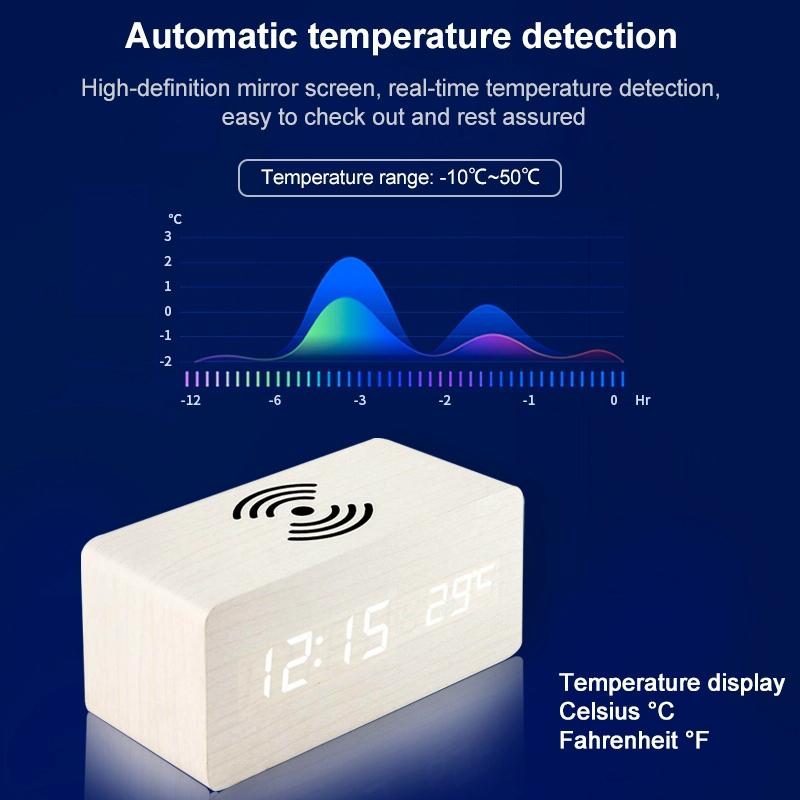 5W Wooden Wireless Charger with LED Mirror Display & Alarm Clock – Rosewood | Qi Charging Pad with Time & Temp Display