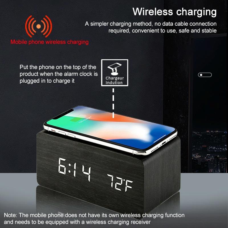 5W Wooden Wireless Charger with LED Mirror Display & Alarm Clock – Rosewood | Qi Charging Pad with Time & Temp Display