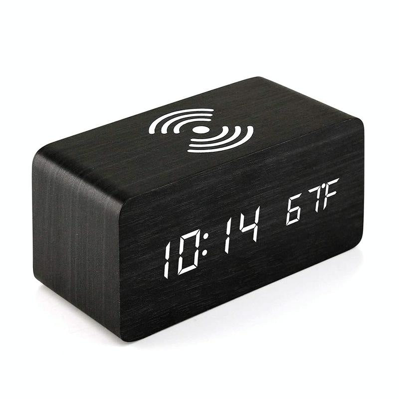 5W Wooden Wireless Charger with LED Mirror Display & Alarm Clock – Rosewood | Qi Charging Pad with Time & Temp Display