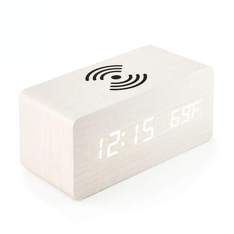 5W Wooden Wireless Charger with LED Mirror Display & Alarm Clock – Rosewood | Qi Charging Pad with Time & Temp Display