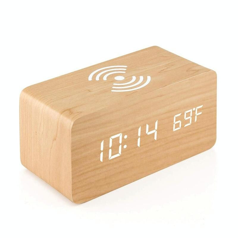 5W Wooden Wireless Charger with LED Mirror Display & Alarm Clock – Rosewood | Qi Charging Pad with Time & Temp Display