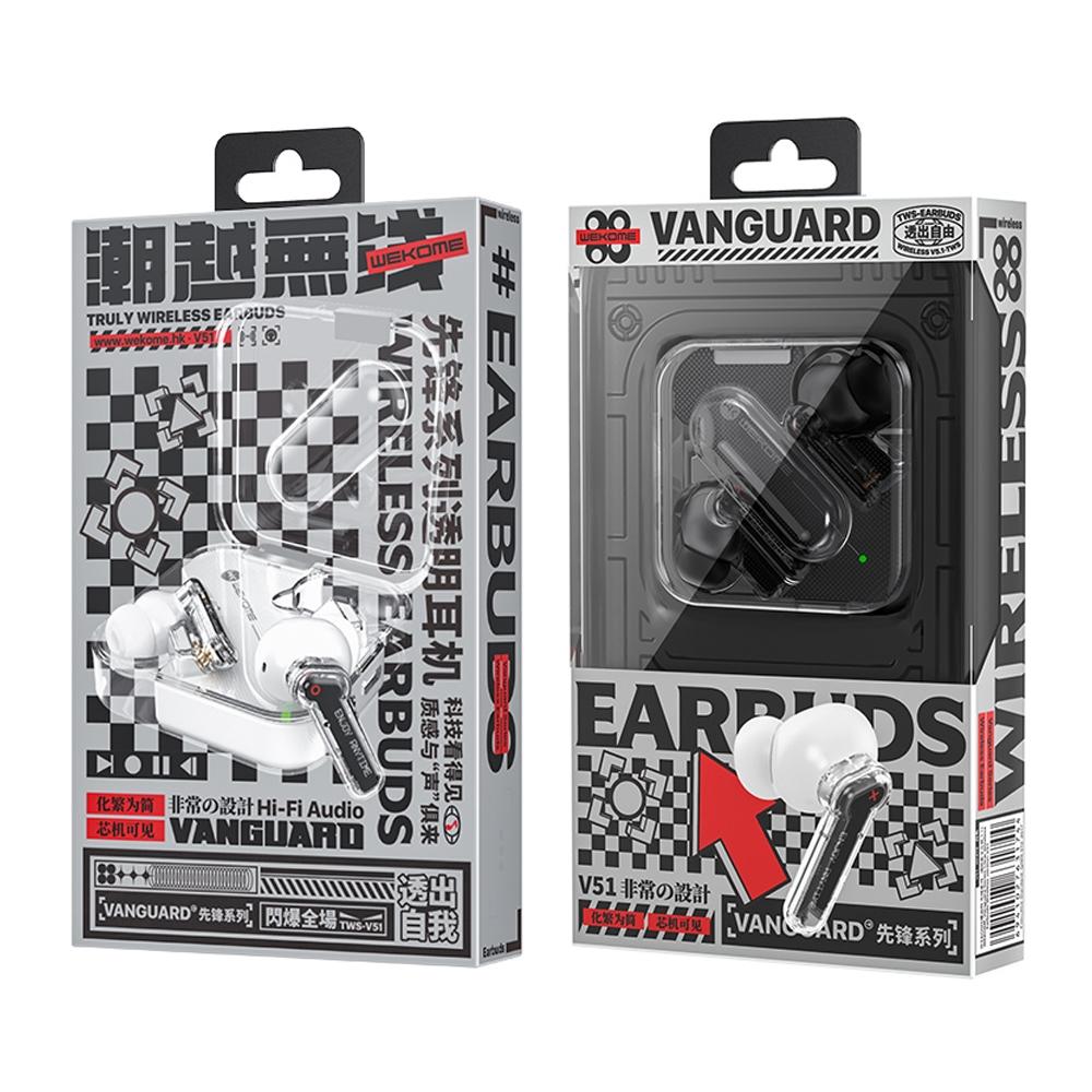 Vanguard Transparent Wireless Bluetooth Earphones – Black, Stylish Design, Clear Sound, Compact Charging Case