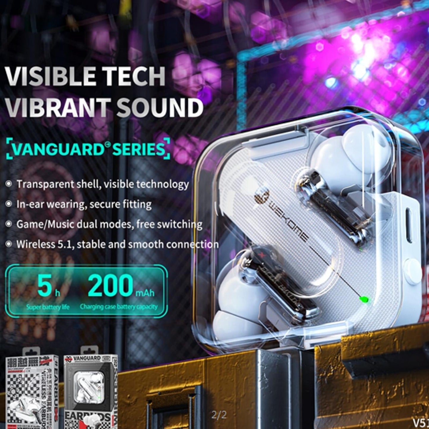Vanguard Transparent Wireless Bluetooth Earphones – Black, Stylish Design, Clear Sound, Compact Charging Case