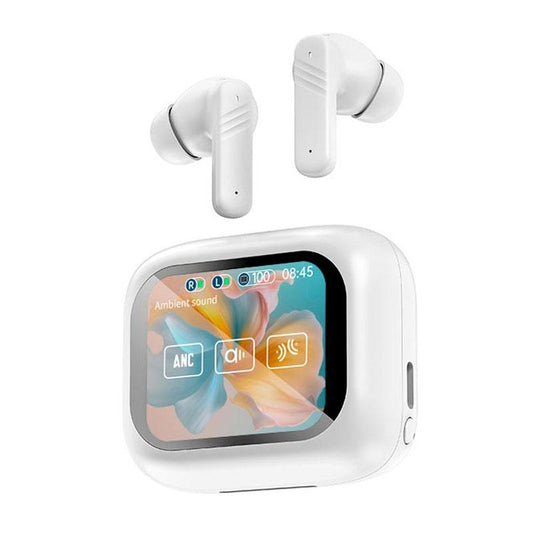 Wireless Bluetooth Earphones with Touch Screen, ANC & Dual Noise Reduction – TWS In-Ear Headphones (White)