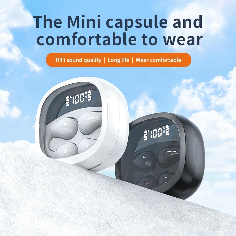 Smart Bluetooth Earphones with Digital Display – White. Transparent Capsule Design & Clear Audio