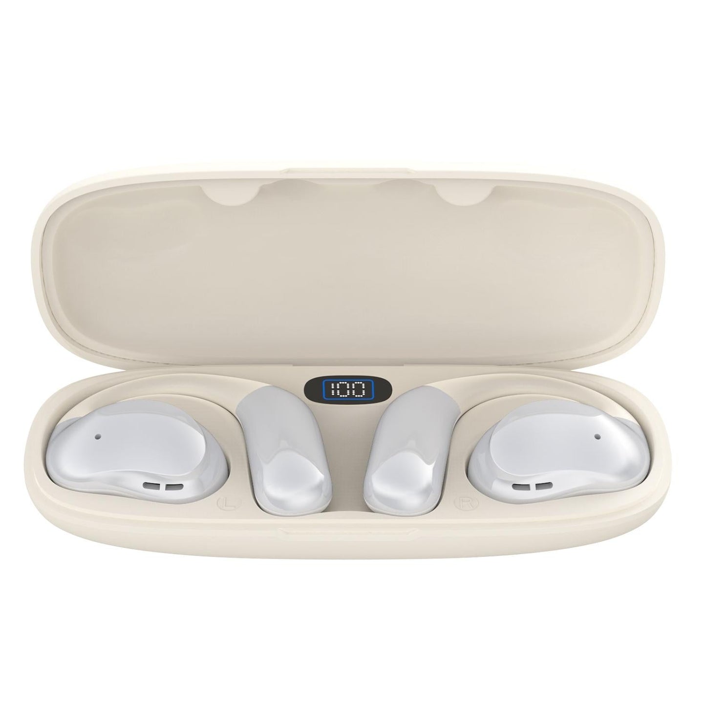 Bluetooth Earphones with Hanging Ear Design & Digital Display Charging Case – Skin Colour, Wireless In-Ear Headphones with Mic
