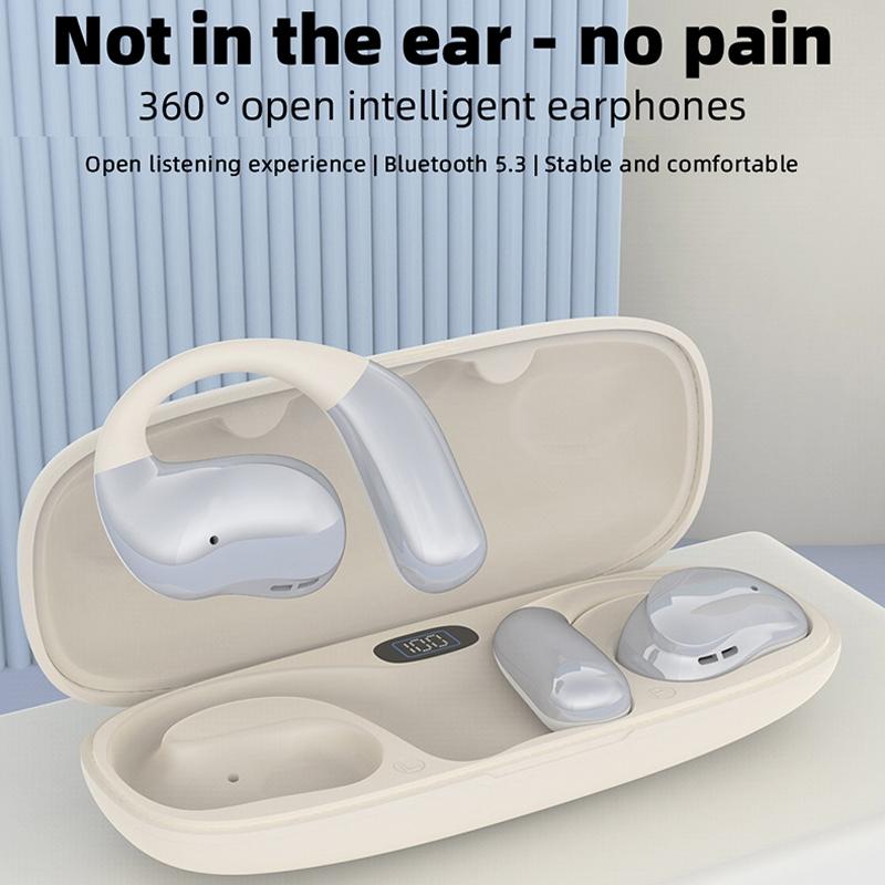 Bluetooth Earphones with Hanging Ear Design & Digital Display Charging Case – Skin Colour, Wireless In-Ear Headphones with Mic