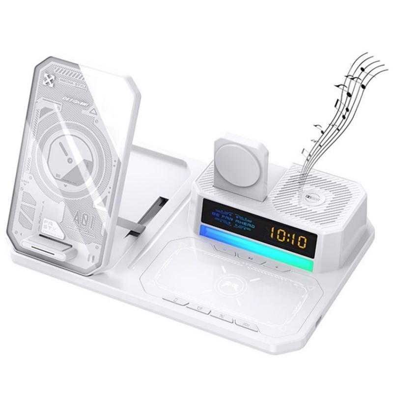 5-in-1 Magnetic Wireless Charger Stand – Built-in Clock, Bluetooth Speaker & Fast Charging Dock – White