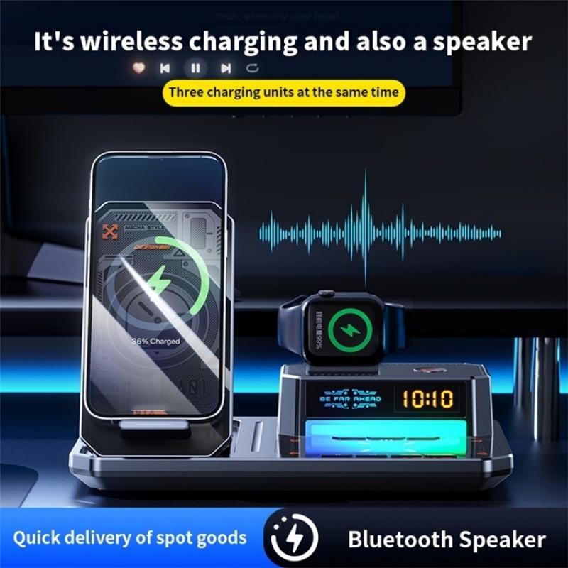 5-in-1 Magnetic Wireless Charger Stand – Built-in Clock, Bluetooth Speaker & Fast Charging Dock – White