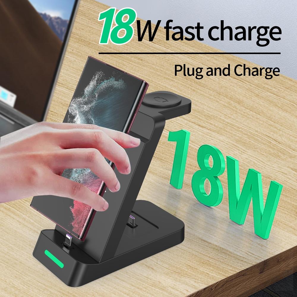 18W 3-in-1 Vertical Charging Stand for Samsung Watch, Galaxy Buds & Smartphone – Black