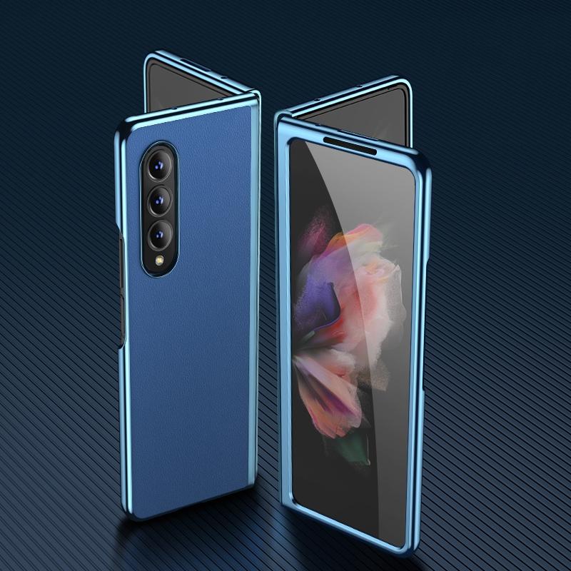 Leather Folding Phone Case for Samsung Galaxy Z Fold4 5G – Electroplated Finish – Blue
