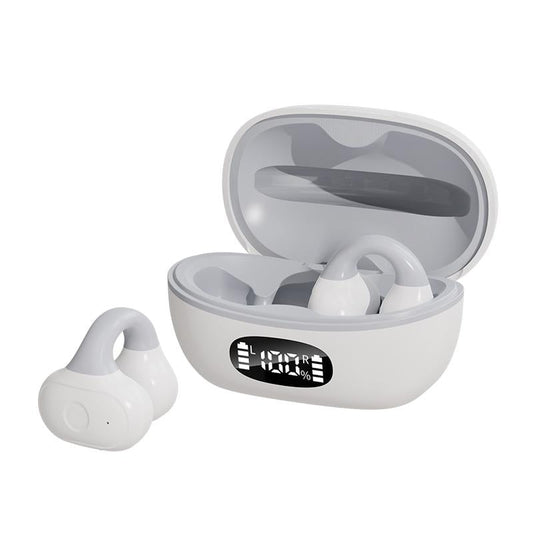 Wireless Clip-On Bluetooth Earphones with Charging Case – Dual-Tone White & Gray – Secure Fit & Clear Audio