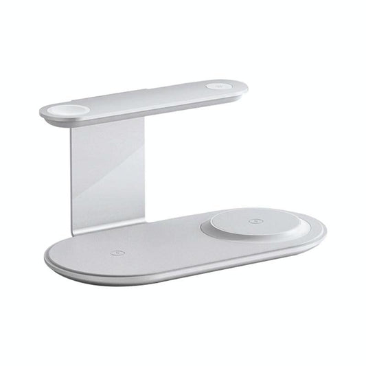 3-in-1 Wireless Charger with Night Light – 15W Silver | Fast Qi Charging Station for Phone, Watch & Earbuds