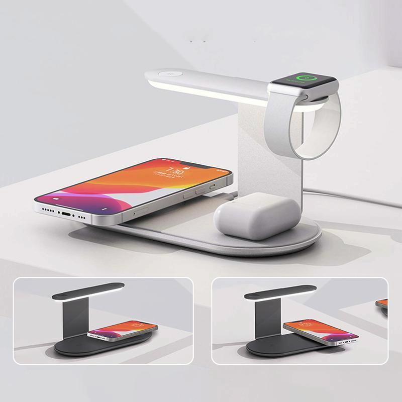 3-in-1 Wireless Charger with Night Light – 15W Silver | Fast Qi Charging Station for Phone, Watch & Earbuds