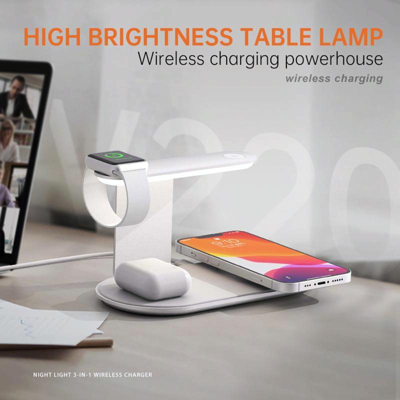 3-in-1 Wireless Charger with Night Light – 15W Silver | Fast Qi Charging Station for Phone, Watch & Earbuds