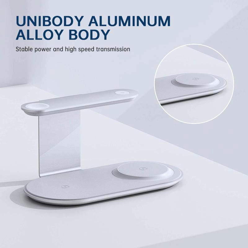 3-in-1 Wireless Charger with Night Light – 15W Silver | Fast Qi Charging Station for Phone, Watch & Earbuds