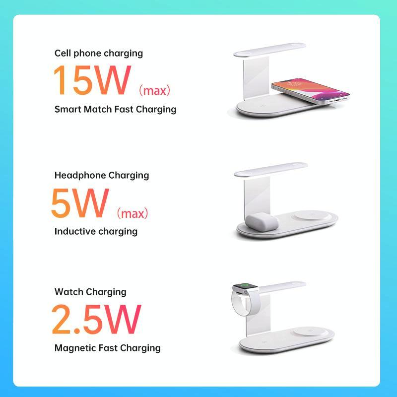 3-in-1 Wireless Charger with Night Light – 15W Silver | Fast Qi Charging Station for Phone, Watch & Earbuds