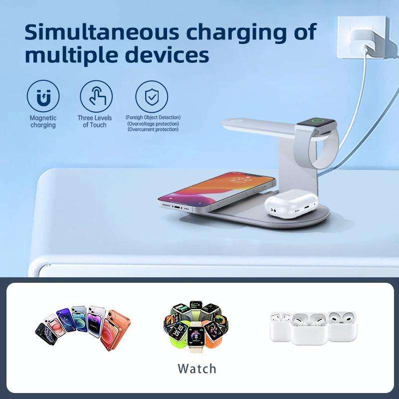 3-in-1 Wireless Charger with Night Light – 15W Silver | Fast Qi Charging Station for Phone, Watch & Earbuds