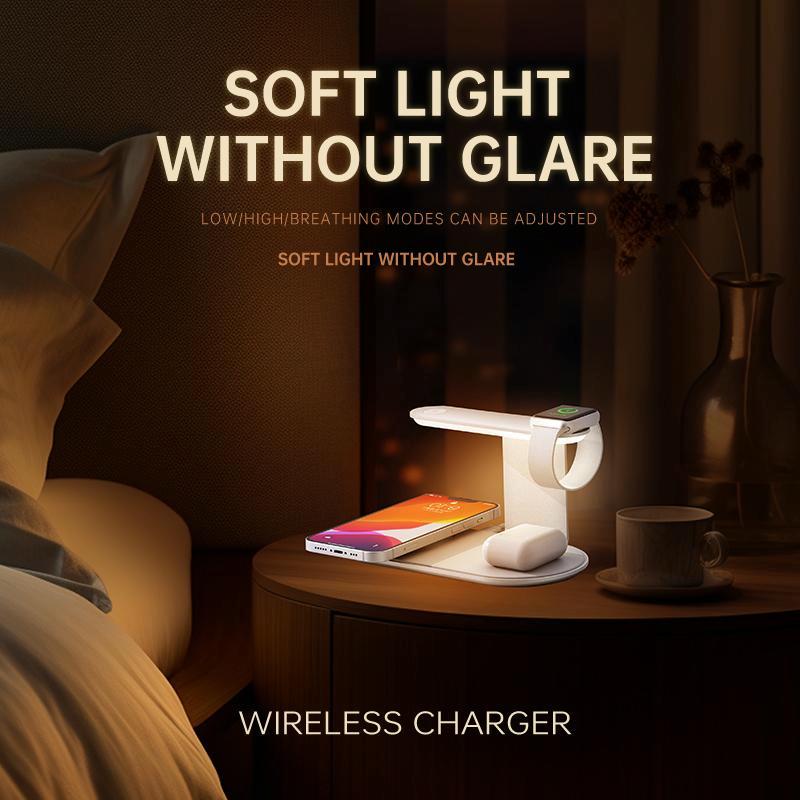 3-in-1 Wireless Charger with Night Light – 15W Silver | Fast Qi Charging Station for Phone, Watch & Earbuds