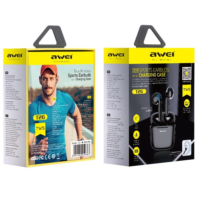 T26 TWS Wireless Sports Headset – Bluetooth 5.0, Charging Case, Sweatproof, Secure Fit, Clear Sound – Black
