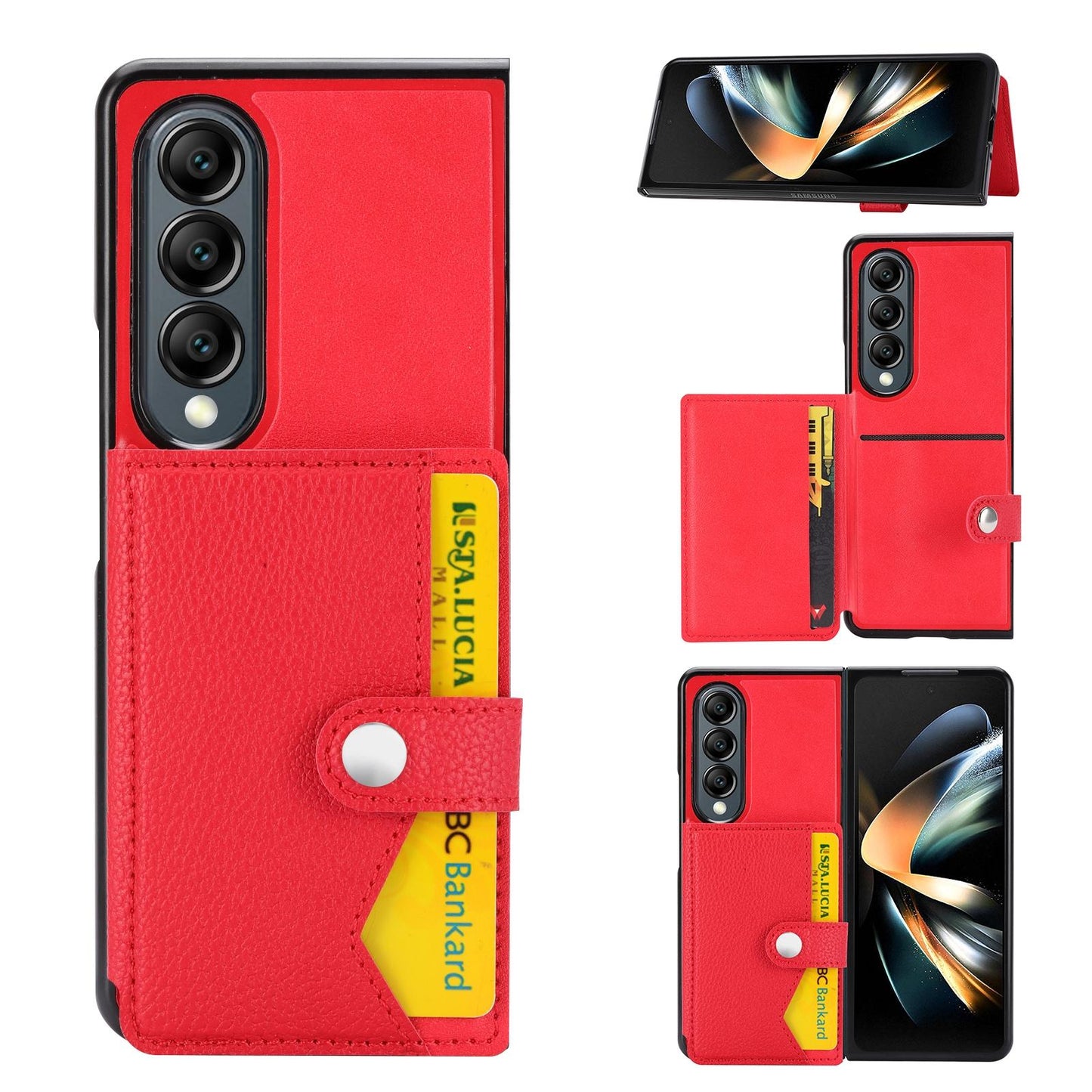 Litchi Pattern Card Holder Case for Samsung Galaxy Z Fold4 5G – Single Button Closure, Slim Wallet Cover – Red