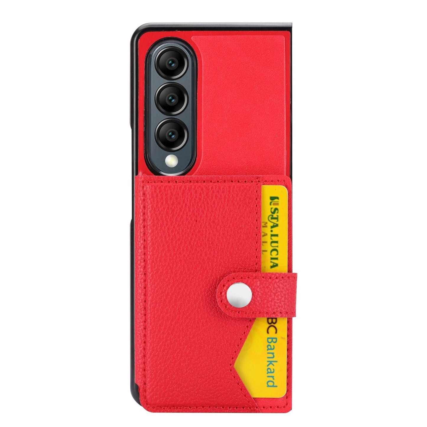 Litchi Pattern Card Holder Case for Samsung Galaxy Z Fold4 5G – Single Button Closure, Slim Wallet Cover – Red