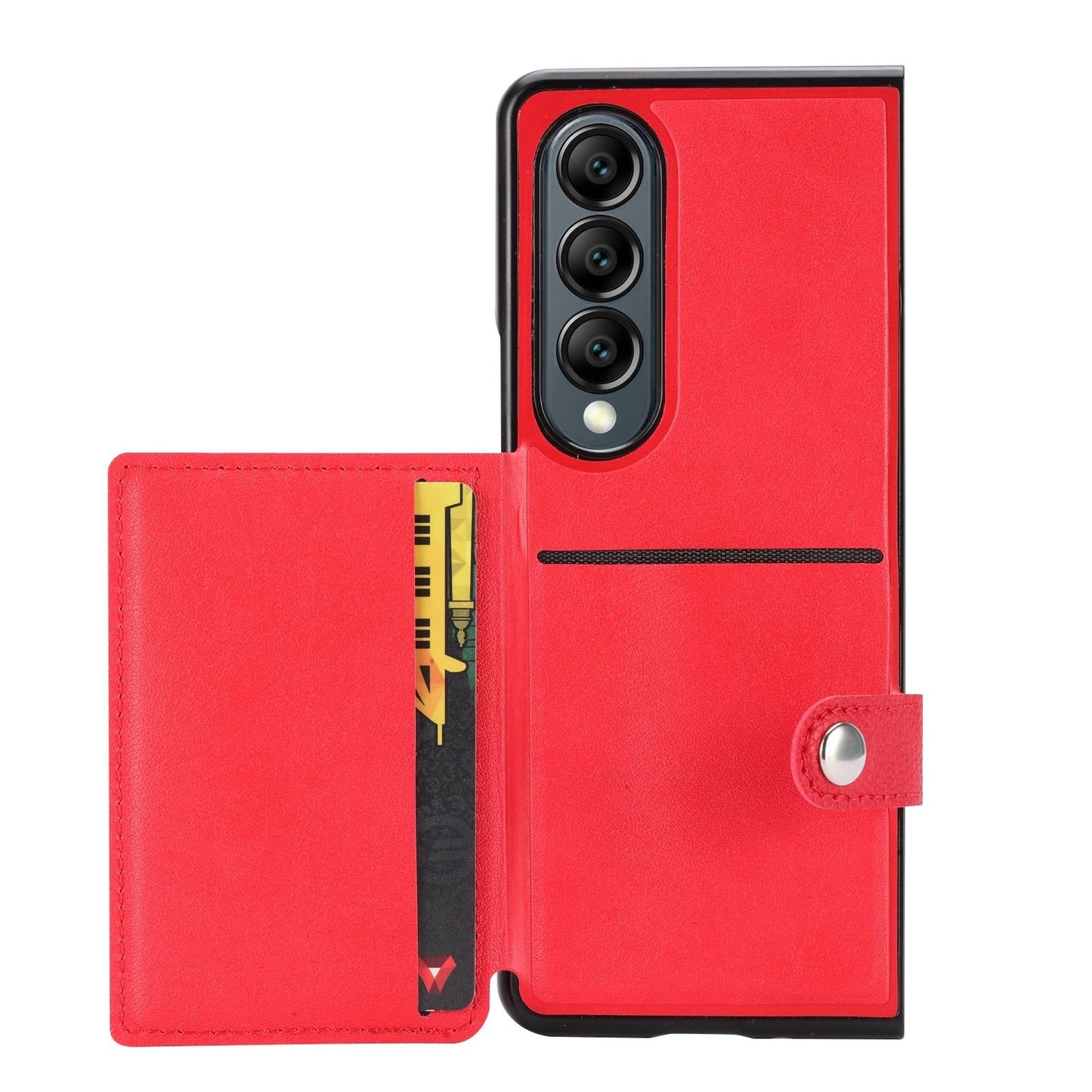 Litchi Pattern Card Holder Case for Samsung Galaxy Z Fold4 5G – Single Button Closure, Slim Wallet Cover – Red