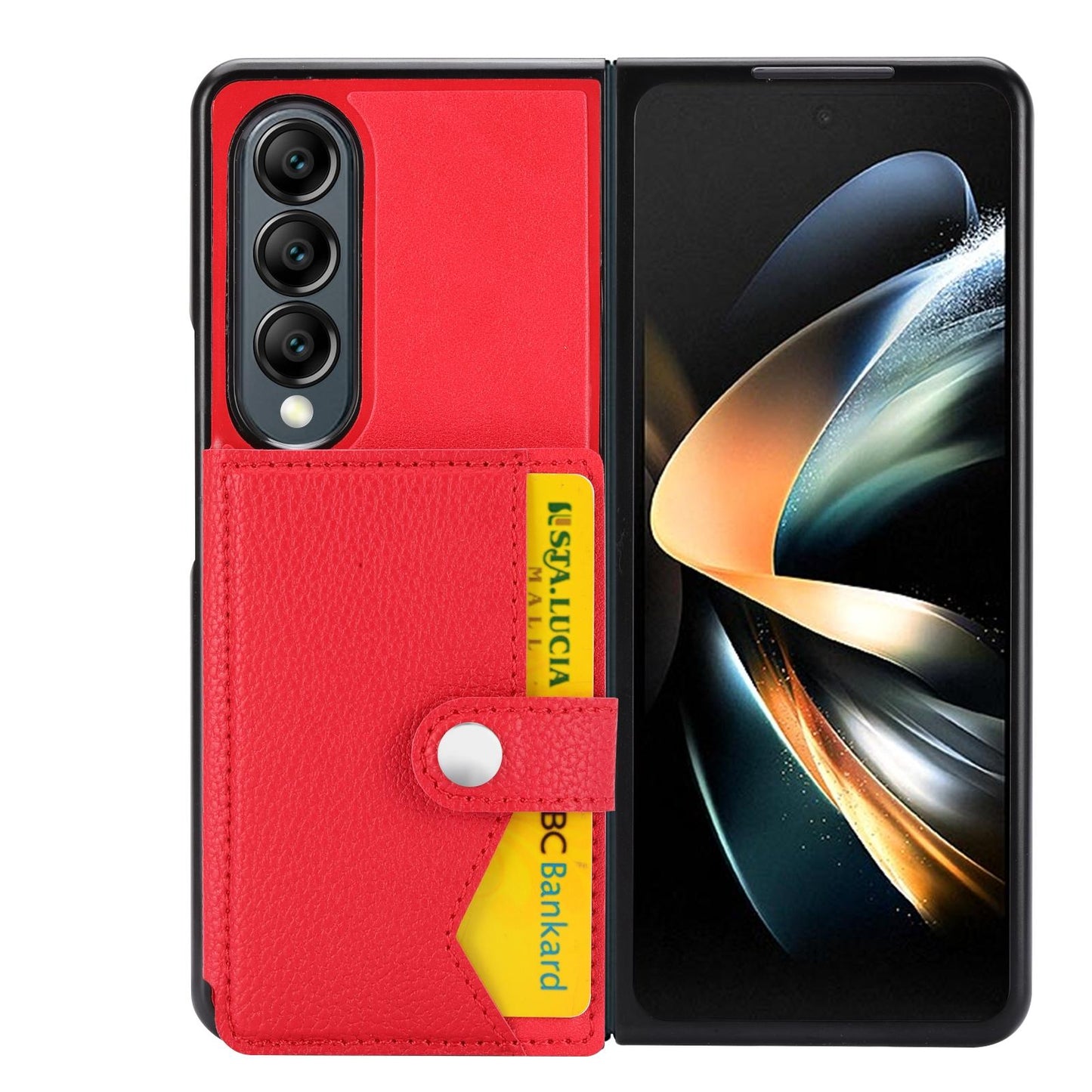 Litchi Pattern Card Holder Case for Samsung Galaxy Z Fold4 5G – Single Button Closure, Slim Wallet Cover – Red