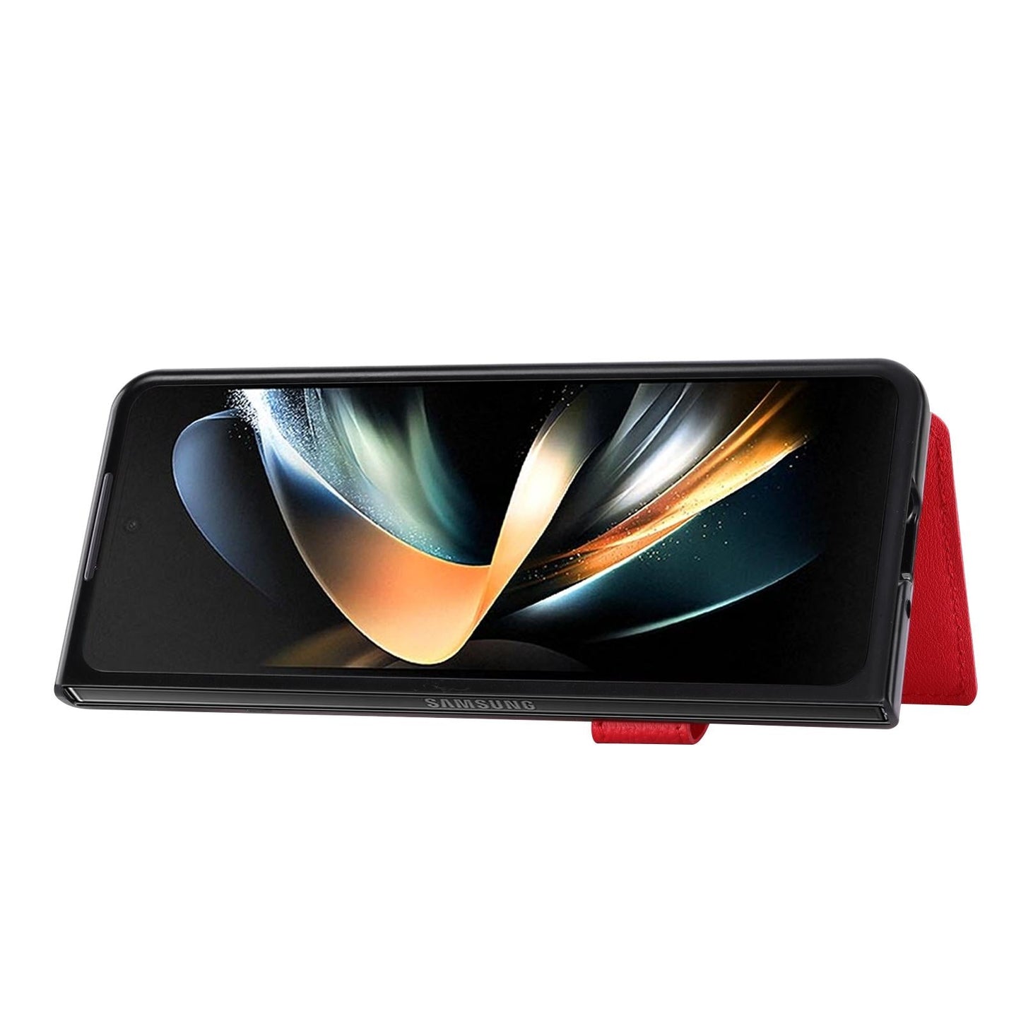 Litchi Pattern Card Holder Case for Samsung Galaxy Z Fold4 5G – Single Button Closure, Slim Wallet Cover – Red