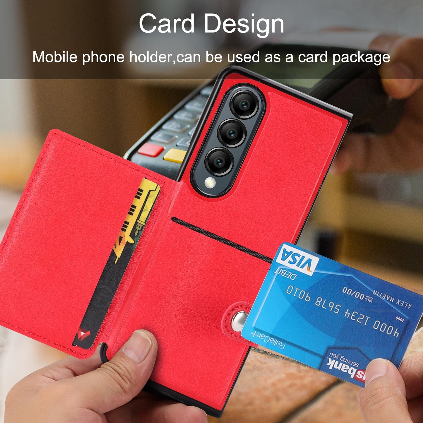 Litchi Pattern Card Holder Case for Samsung Galaxy Z Fold4 5G – Single Button Closure, Slim Wallet Cover – Red
