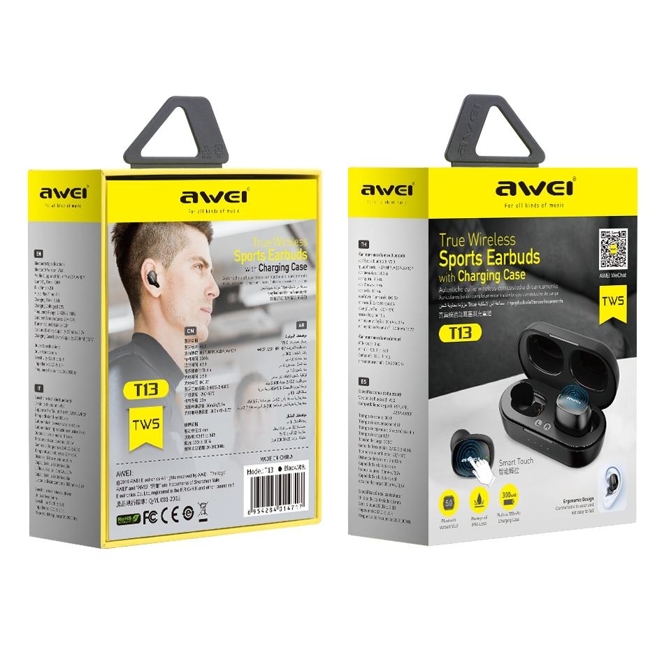 T13 TWS Wireless Sports Headset – Bluetooth 5.0, Black, Charging Case, Sweatproof, Clear Sound, Secure Fit