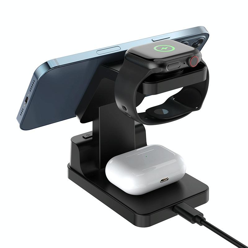 15W 4-in-1 Magnetic Desktop Wireless Charger – Black | Fast Qi Charging Station for Phone, Watch, AirPods & Stylus