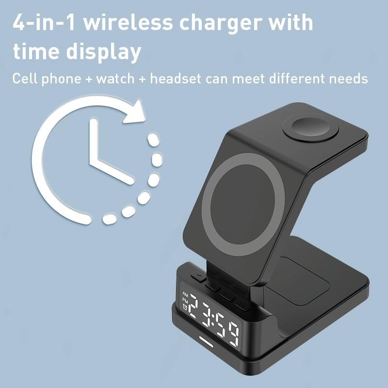 15W 4-in-1 Magnetic Desktop Wireless Charger – Black | Fast Qi Charging Station for Phone, Watch, AirPods & Stylus