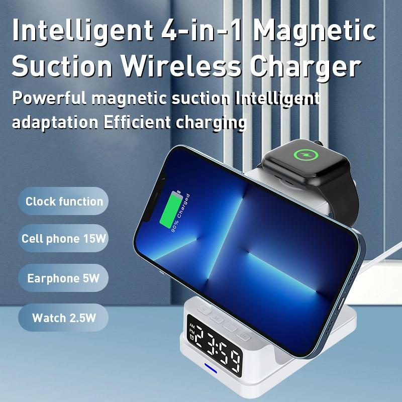 15W 4-in-1 Magnetic Desktop Wireless Charger – Black | Fast Qi Charging Station for Phone, Watch, AirPods & Stylus