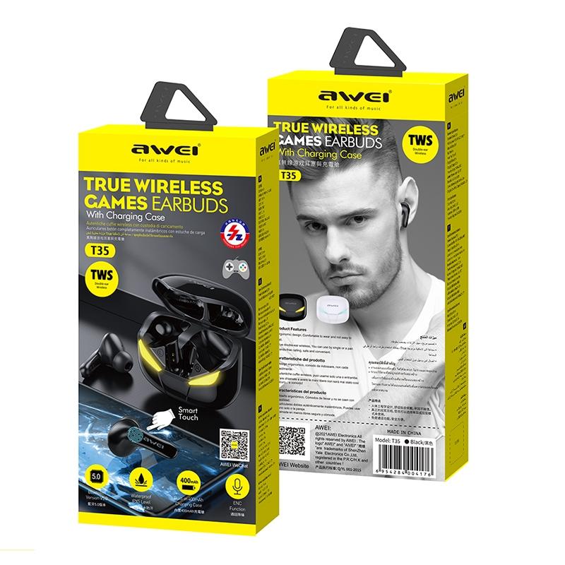 T35 Waterproof TWS Bluetooth 5.0 Headset with Charging Case – Black, In-Ear Wireless Earbuds with Mic for Music & Calls
