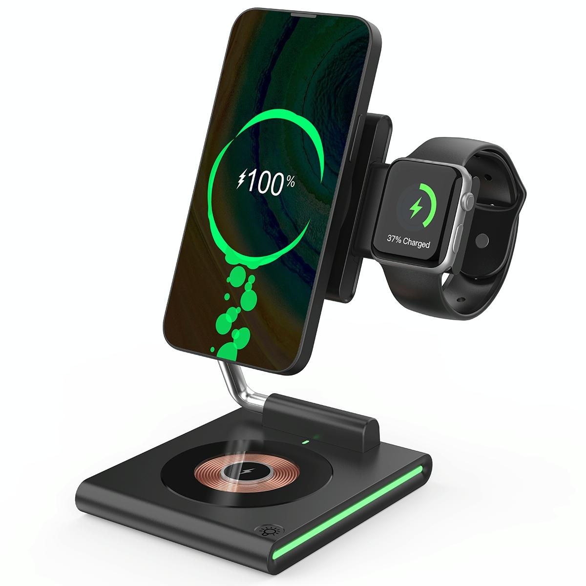 15W Foldable Magnetic Wireless Charger – Black. Fast Qi Charging Stand for Phone, Watch & Earbuds